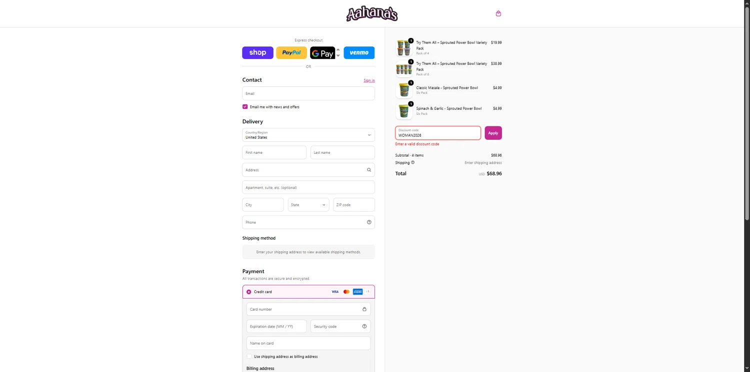 Aahanas Naturals promo code screenshot showing code WOMAN2026 applied at Aahanas Naturals checkout page. Uploaded by SimplyCodes community member TreasureKnight4134 on Apr 3, 2026