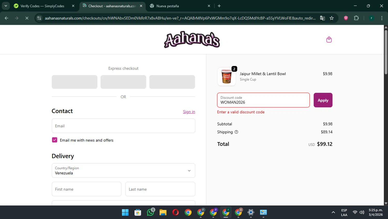 Aahanas Naturals promo code screenshot showing code WOMAN2026 applied at Aahanas Naturals checkout page. Uploaded by SimplyCodes community member rodri1 on Apr 3, 2026