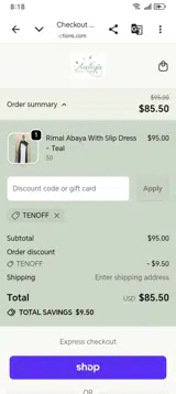 TENOFF coupon verification screenshot