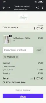 AALIYA10 coupon verification screenshot