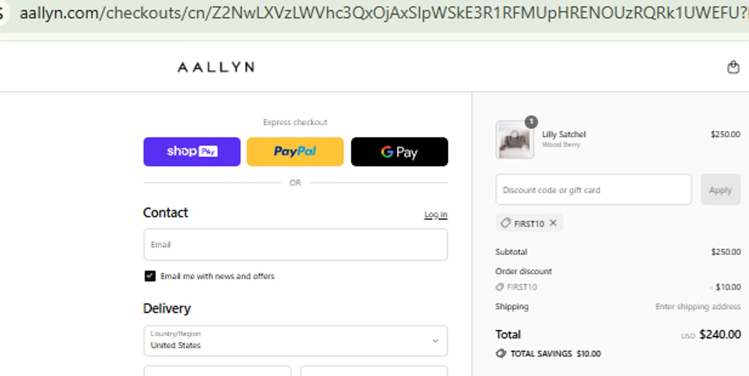 Aallyn promo code screenshot showing code FIRST10 applied at Aallyn checkout page. Uploaded by SimplyCodes community member CashMaestro9337 on Jul 11, 2025