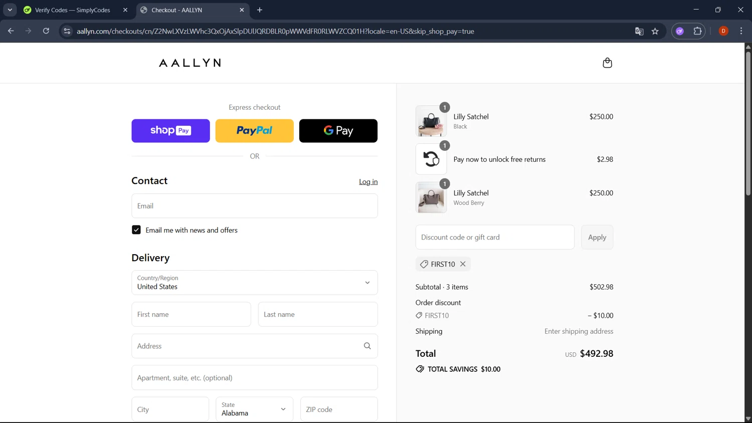 Aallyn promo code screenshot showing code FIRST10 applied at Aallyn checkout page. Uploaded by SimplyCodes community member RoyalSaver3150 on Jul 5, 2025
