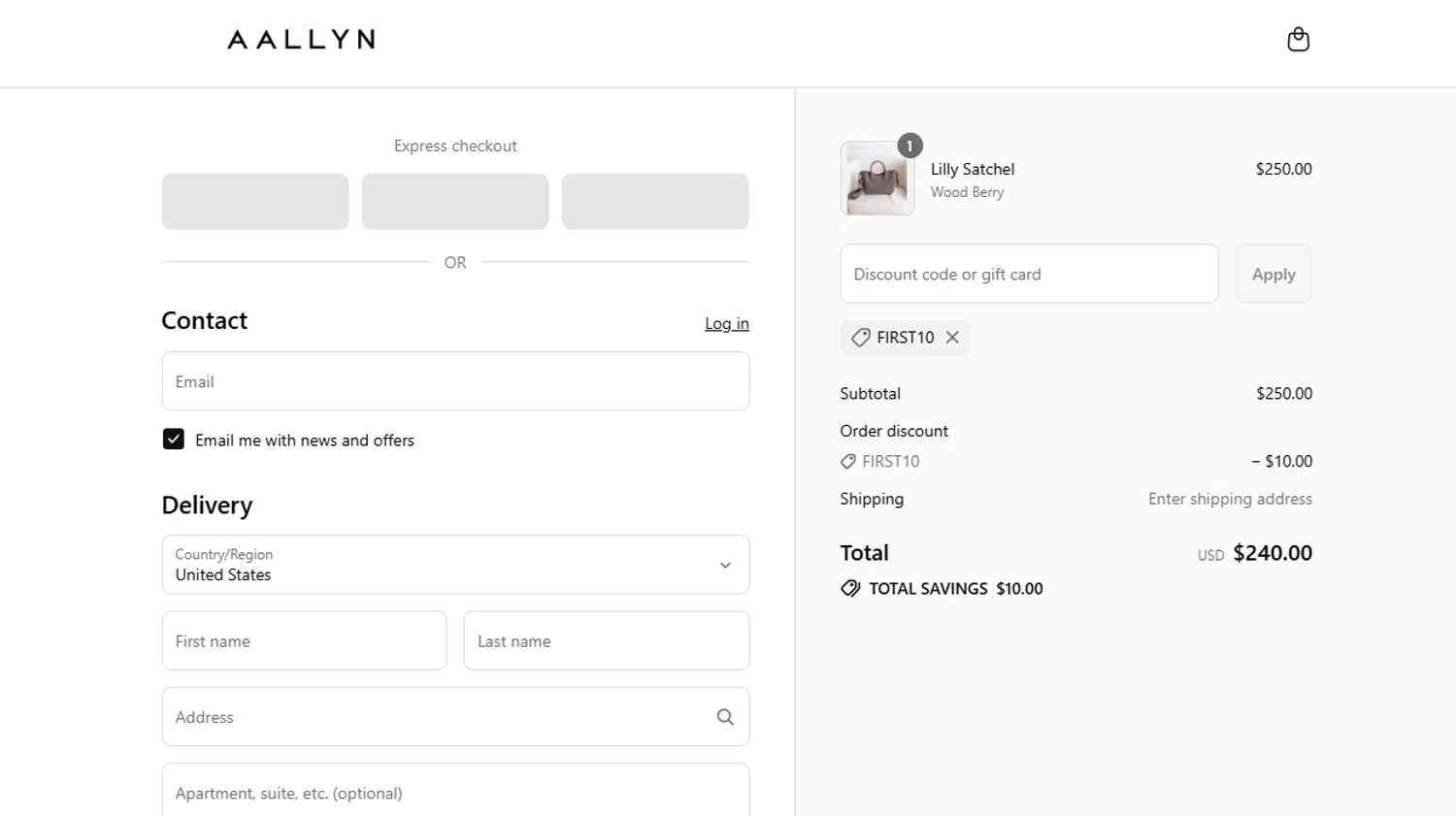 Aallyn promo code screenshot showing code FIRST10 applied at Aallyn checkout page. Uploaded by SimplyCodes community member SavvyLegend1586 on Jul 11, 2025