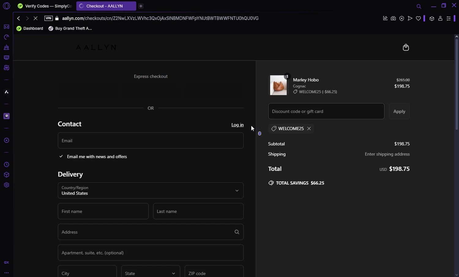 Aallyn promo code screenshot showing code WELCOME25 applied at Aallyn checkout page. Uploaded by SimplyCodes community member Darka007 on Apr 20, 2025