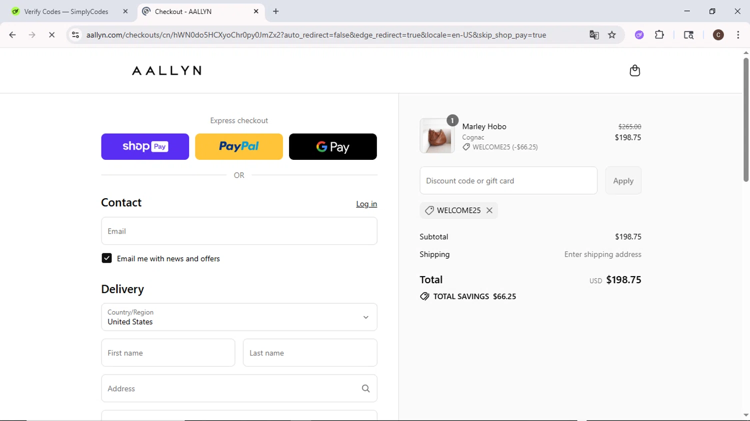 Aallyn promo code screenshot showing code WELCOME25 applied at Aallyn checkout page. Uploaded by SimplyCodes community member MoneyPilot9634 on Jul 15, 2025