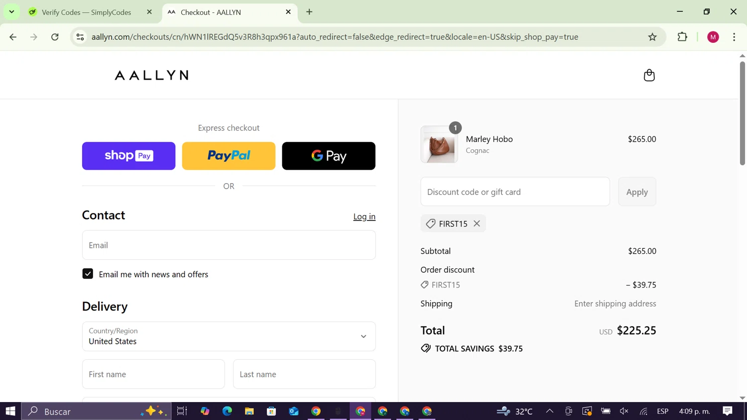 Aallyn promo code screenshot showing code FIRST15 applied at Aallyn checkout page. Uploaded by SimplyCodes community member CouponAce9216 on Aug 13, 2025