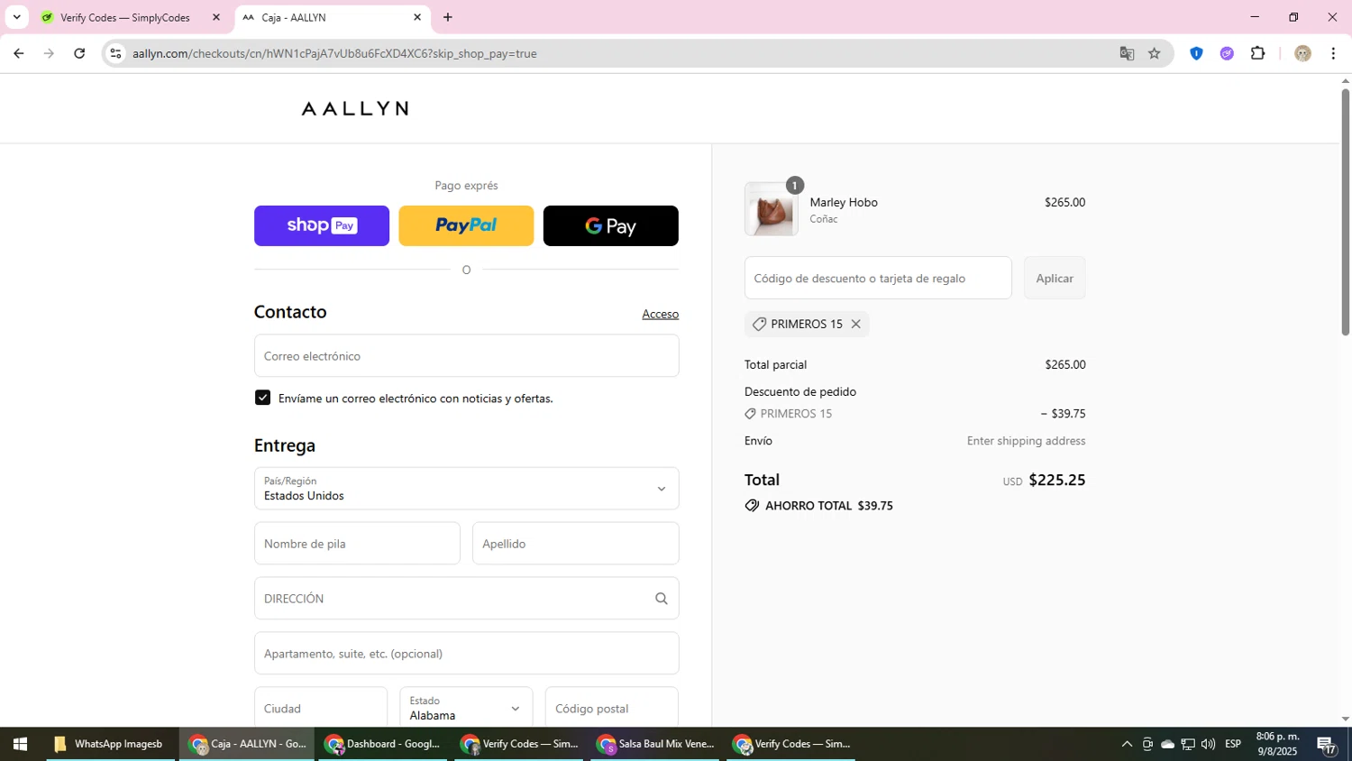 Aallyn promo code screenshot showing code FIRST15 applied at Aallyn checkout page. Uploaded by SimplyCodes community member NobleScholar4826 on Aug 10, 2025