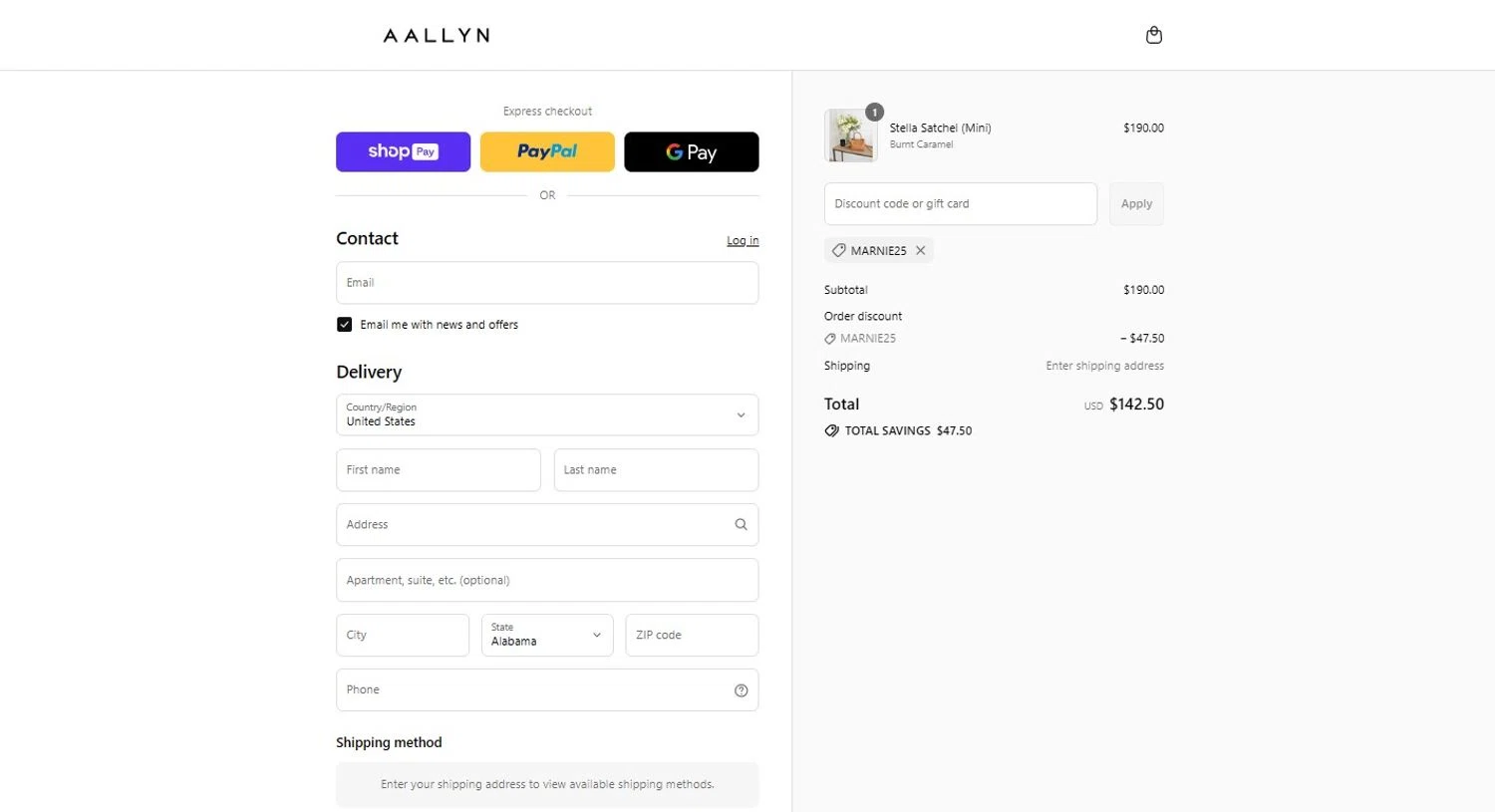 Aallyn promo code screenshot showing code MARNIE25 applied at Aallyn checkout page. Uploaded by SimplyCodes community member TOTONEROFLOW on Jul 7, 2025