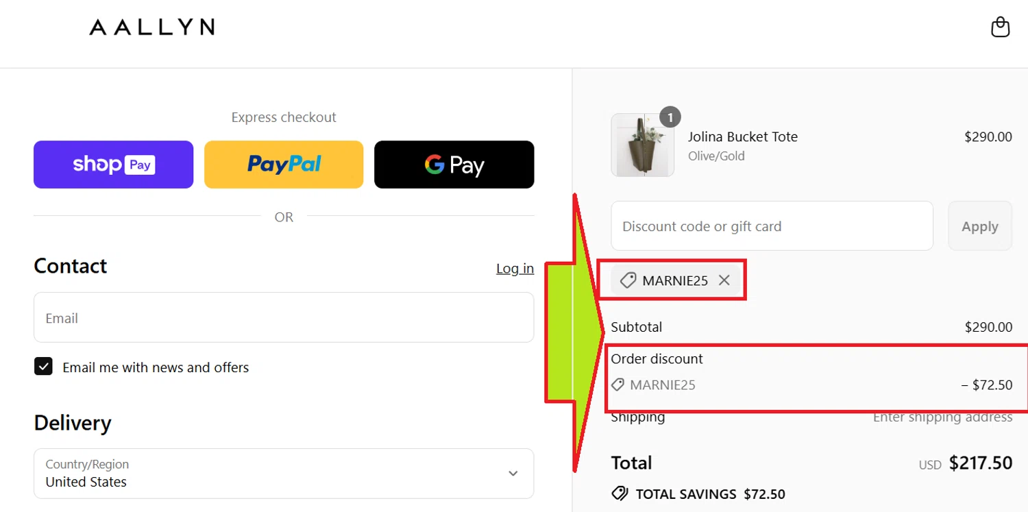 Aallyn promo code screenshot showing code MARNIE25 applied at Aallyn checkout page. Uploaded by SimplyCodes community member kattylar on Jul 7, 2025