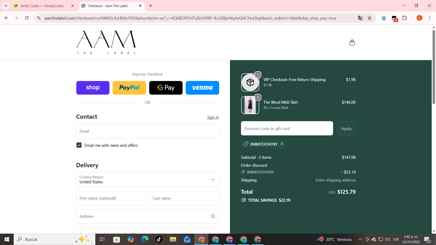 AAM discount code screenshot showing code JIMMYDOHENY applied at AAM checkout page. Uploaded by SimplyCodes community member FrugalSentinel6206 on Nov 23, 2025