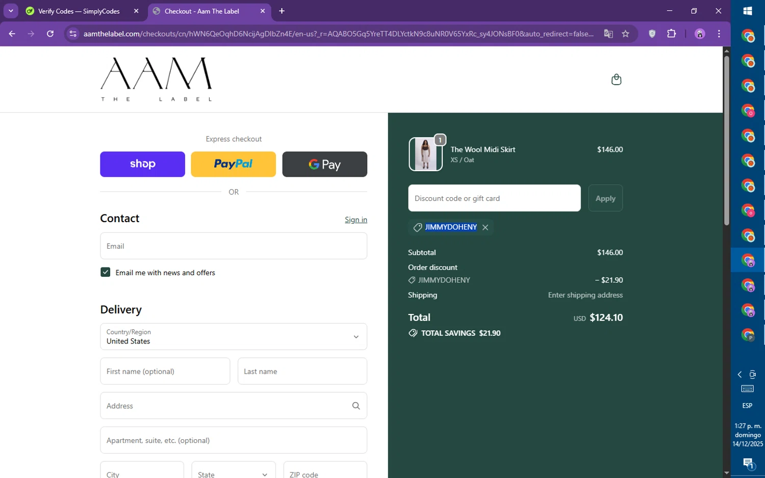 AAM discount code screenshot showing code JIMMYDOHENY applied at AAM checkout page. Uploaded by SimplyCodes community member mileSalima on Dec 14, 2025