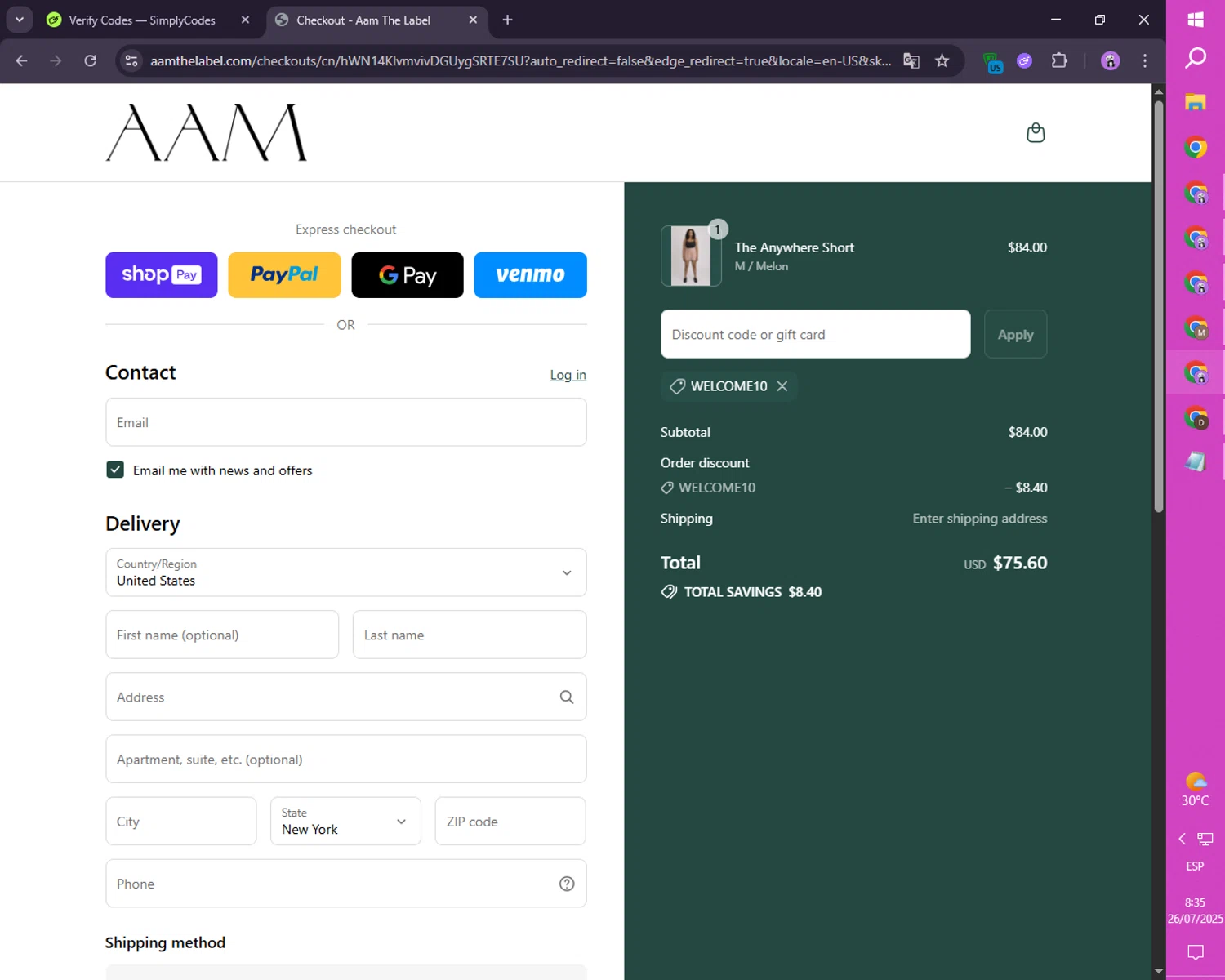 AAM discount code screenshot showing code WELCOME10 applied at AAM checkout page. Uploaded by SimplyCodes community member SmartLion1183 on Jul 26, 2025