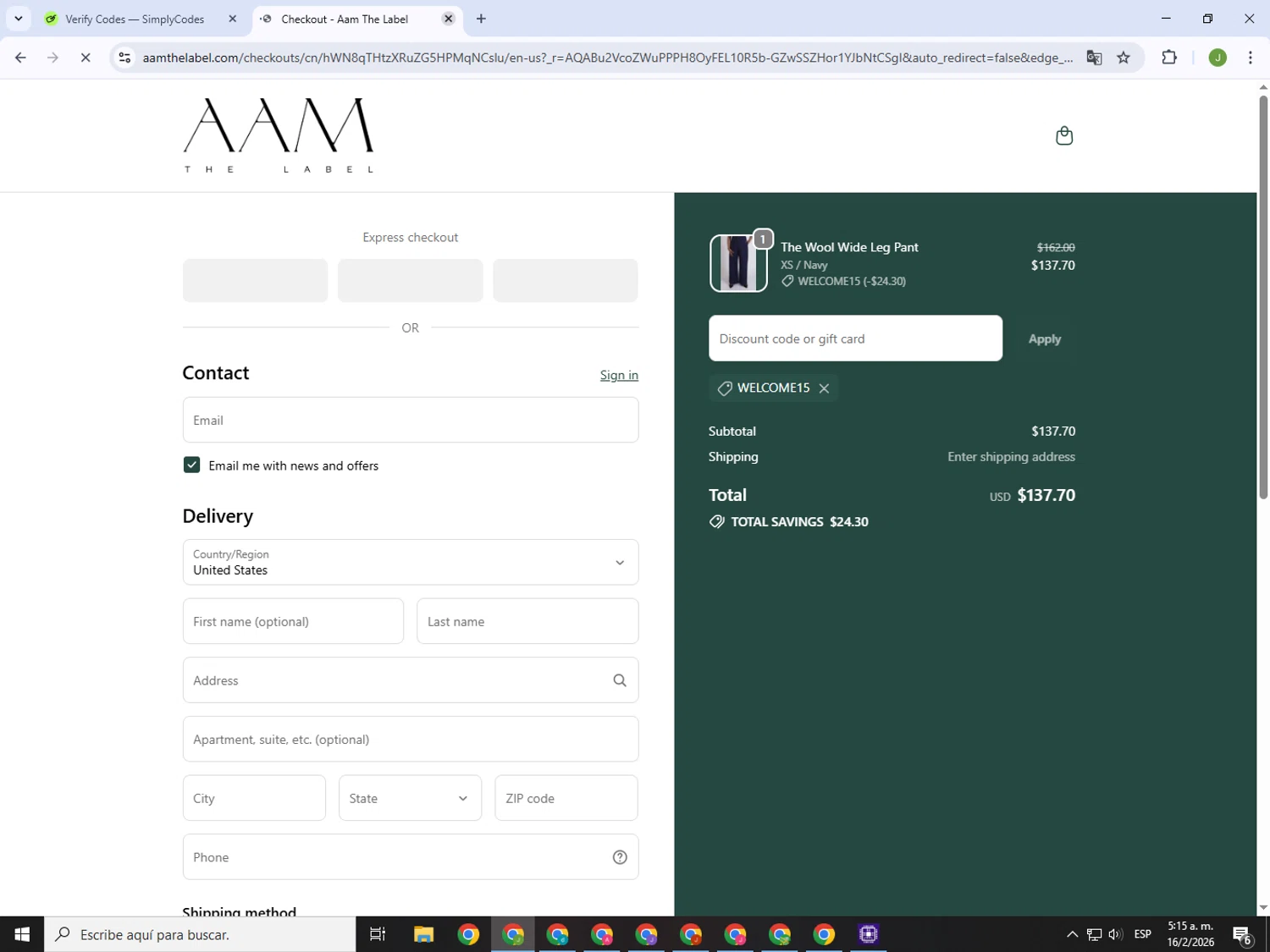 AAM discount code screenshot showing code WELCOME15 applied at AAM checkout page. Uploaded by SimplyCodes community member MightyFinder1041 on Feb 16, 2026