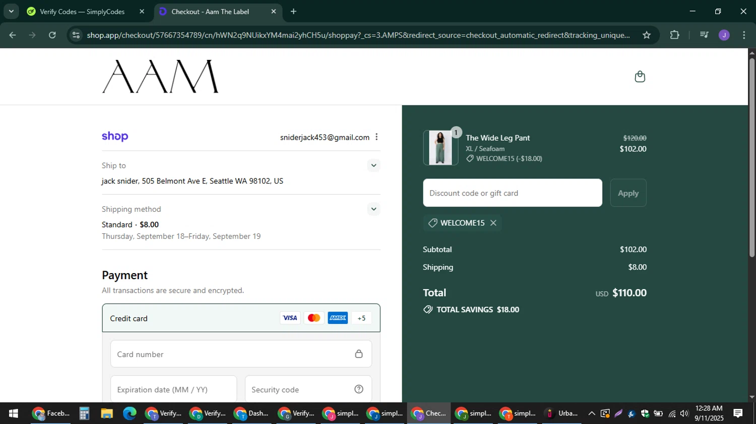 AAM discount code screenshot showing code WELCOME15 applied at AAM checkout page. Uploaded by SimplyCodes community member sniderjack453 on Sep 11, 2025