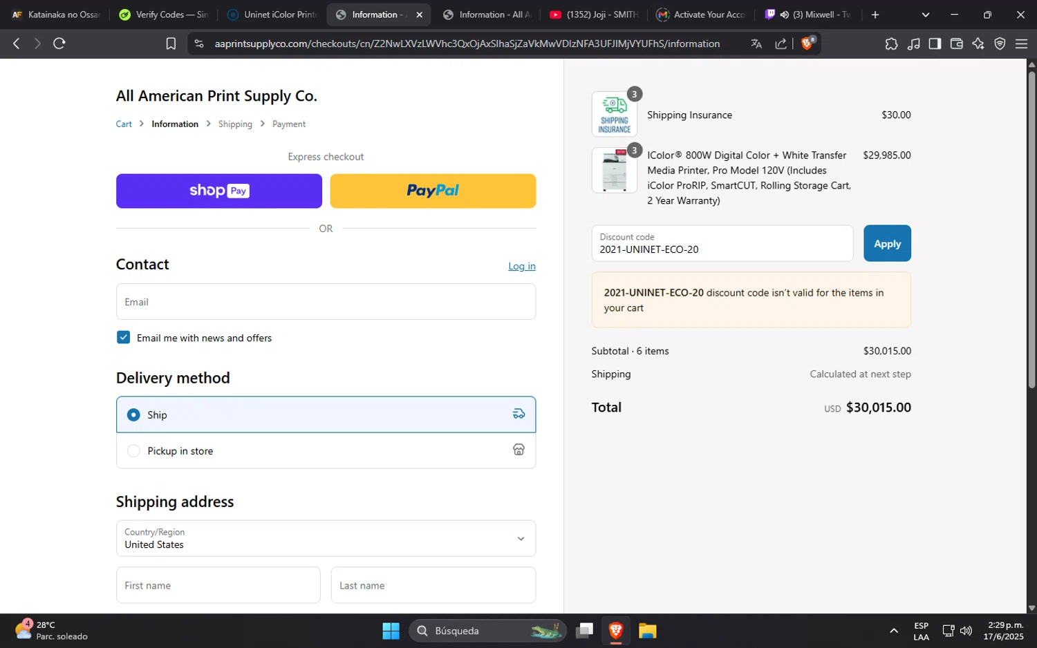 All American Print Supply Co promo code screenshot showing code 2021-UNINET-ECO-20 applied at All American Print Supply Co checkout page. Uploaded by SimplyCodes community member SucreX on Jun 17, 2025