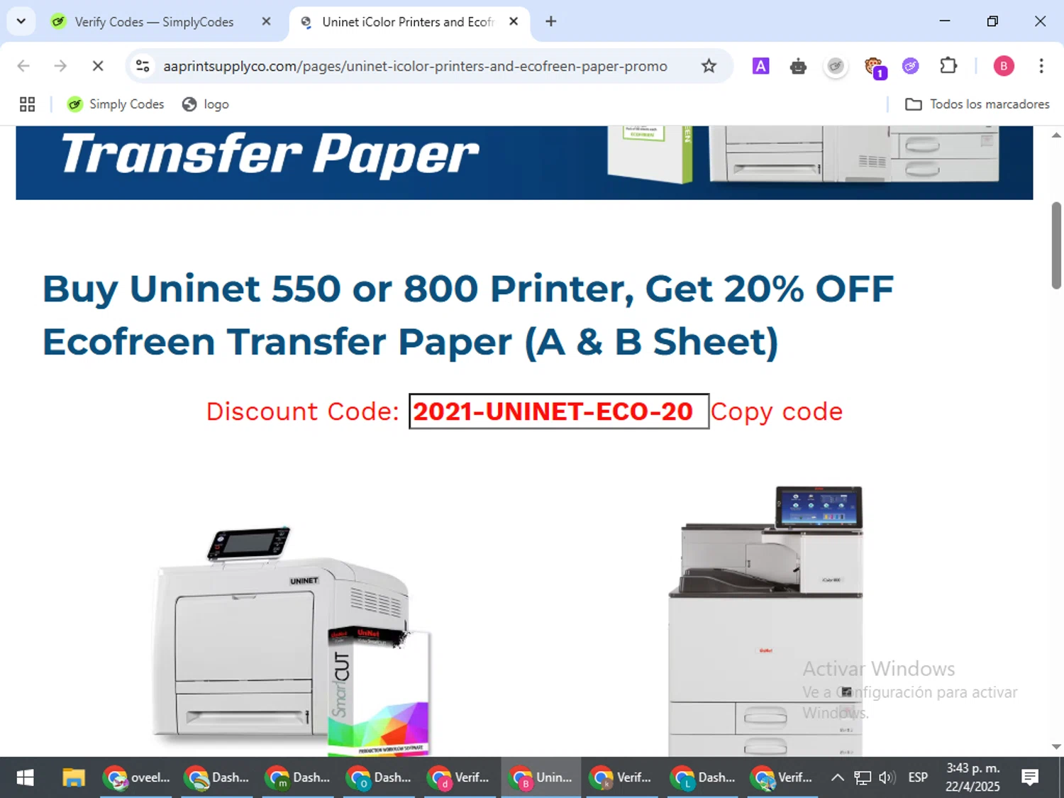 All American Print Supply Co promo code screenshot showing code 2021-UNINET-ECO-20 applied at All American Print Supply Co checkout page. Uploaded by SimplyCodes community member bombontropical on Apr 22, 2025