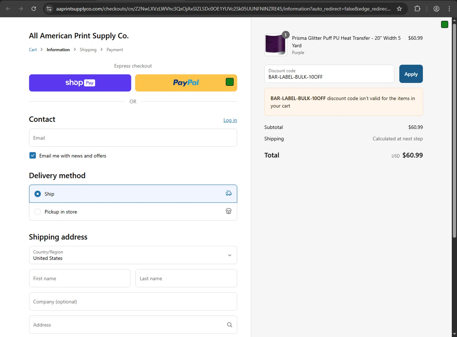 All American Print Supply Co promo code screenshot showing code BAR-LABEL-BULK-10OFF applied at All American Print Supply Co checkout page. Uploaded by SimplyCodes community member kaiser2 on May 19, 2025