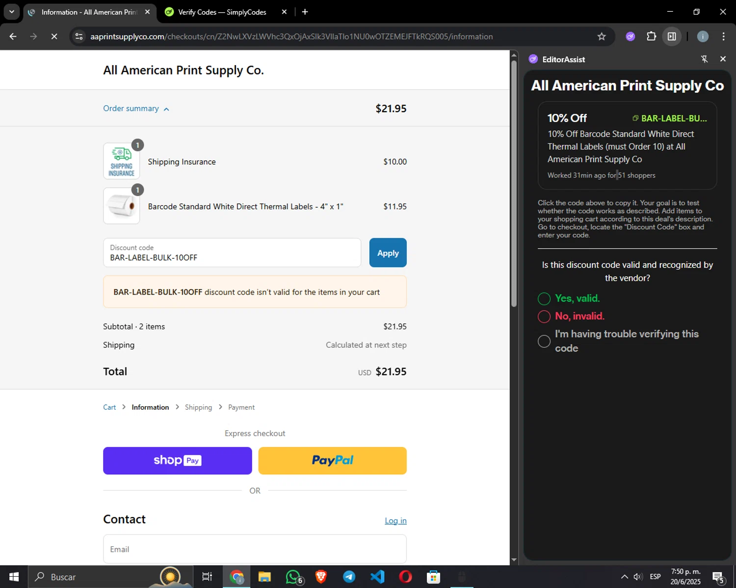 All American Print Supply Co promo code screenshot showing code BAR-LABEL-BULK-10OFF applied at All American Print Supply Co checkout page. Uploaded by SimplyCodes community member IvanUWU on Jun 20, 2025