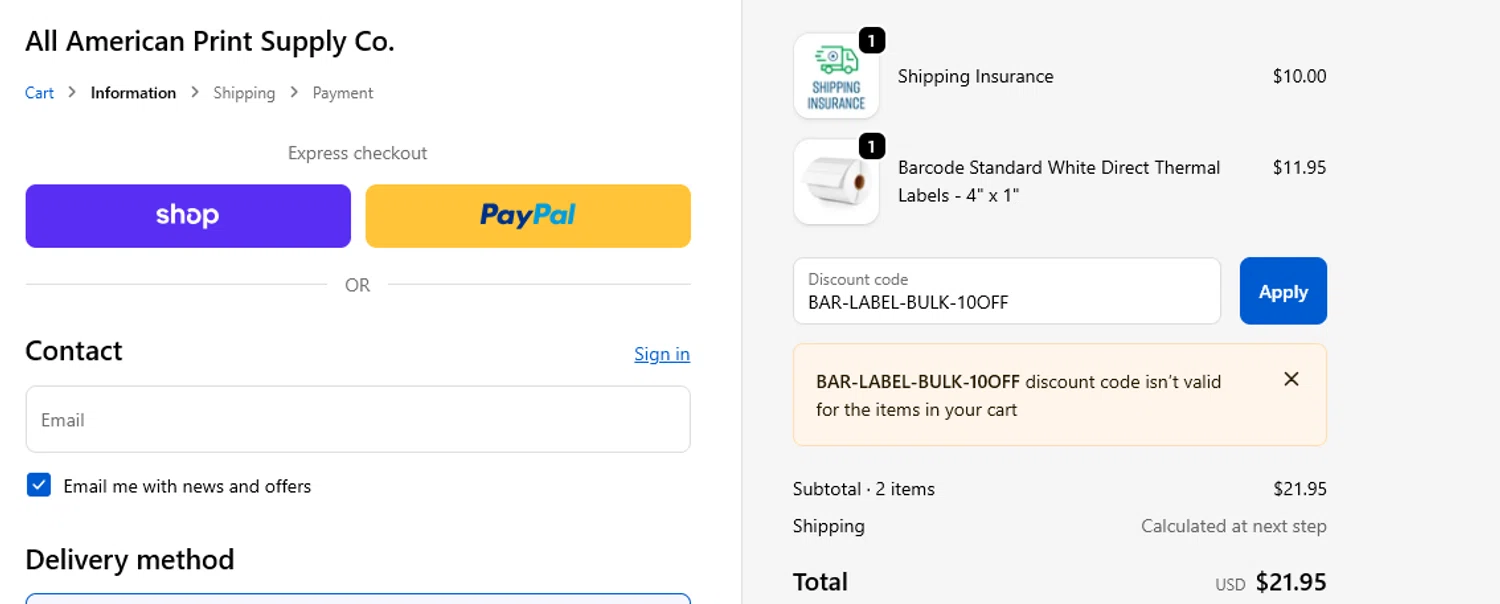 All American Print Supply Co promo code screenshot showing code BAR-LABEL-BULK-10OFF applied at All American Print Supply Co checkout page. Uploaded by SimplyCodes community member SavingsPro6397 on Nov 17, 2025