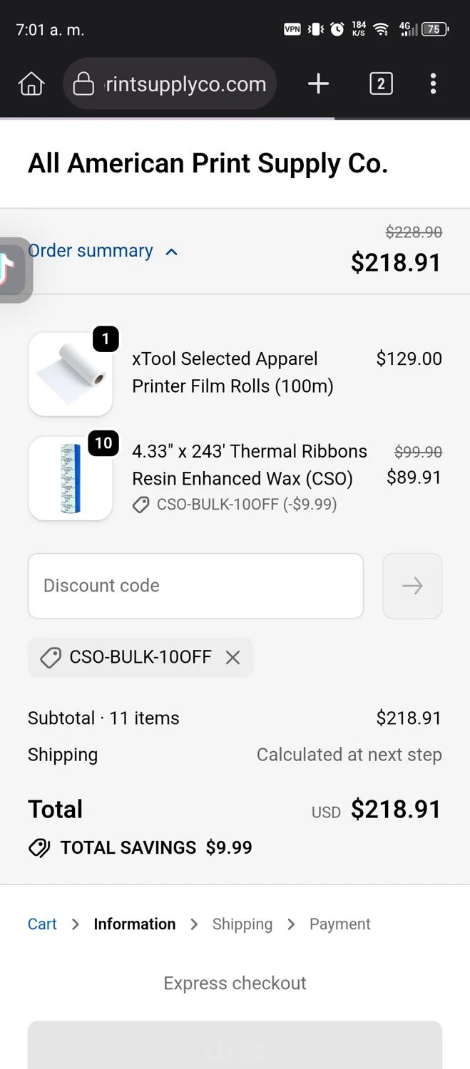 All American Print Supply Co promo code screenshot showing code CSO-BULK-10OFF applied at All American Print Supply Co checkout page. Uploaded by SimplyCodes community member Diego_Soto on Nov 17, 2025