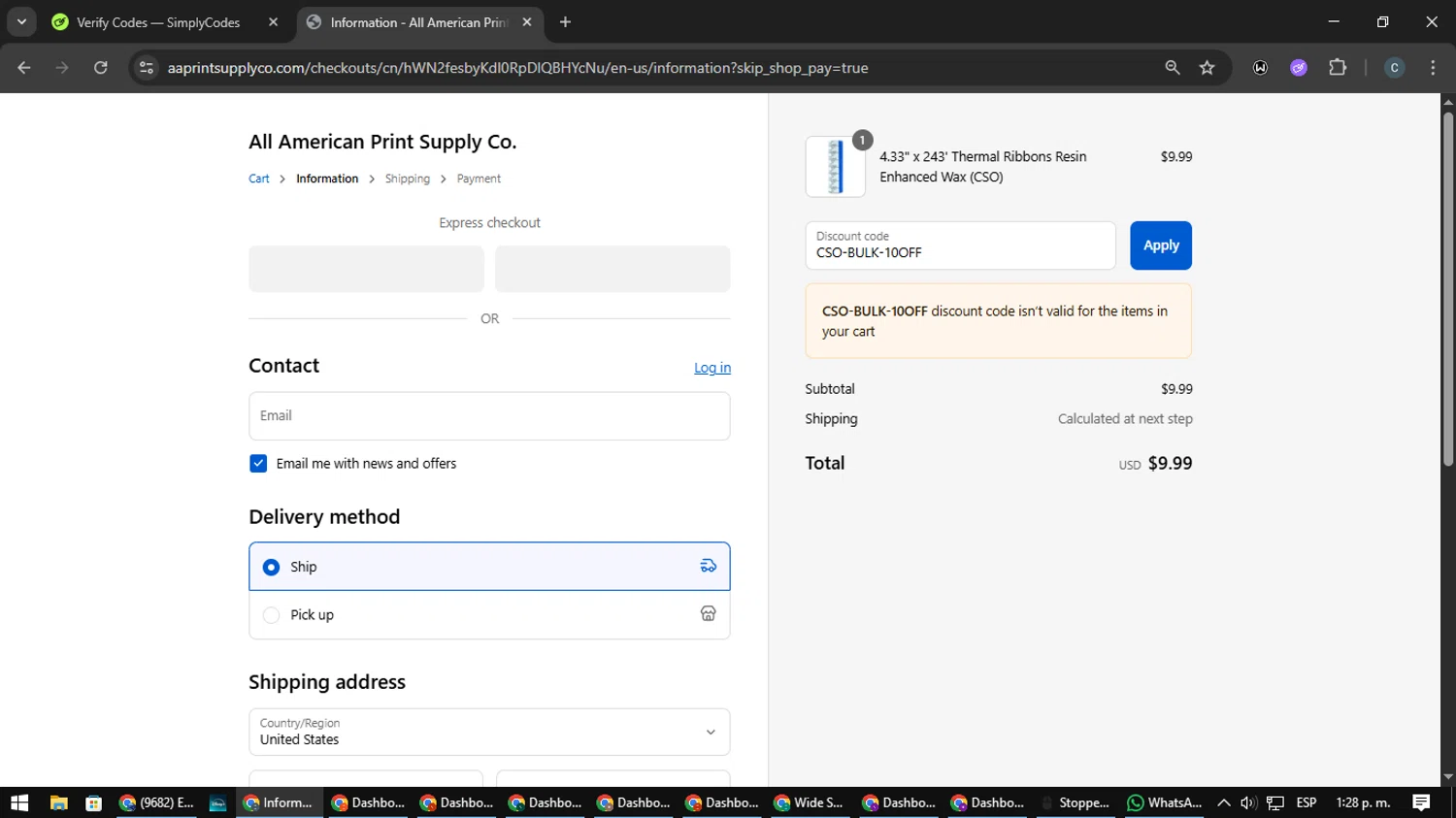 All American Print Supply Co promo code screenshot showing code CSO-BULK-10OFF applied at All American Print Supply Co checkout page. Uploaded by SimplyCodes community member Nata_Montana on Sep 6, 2025