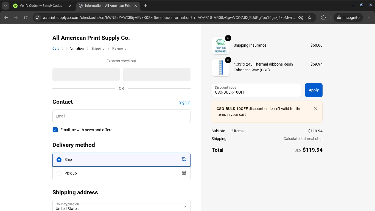 All American Print Supply Co promo code screenshot showing code CSO-BULK-10OFF applied at All American Print Supply Co checkout page. Uploaded by SimplyCodes community member ShrewdSleuth9497 on Nov 22, 2025