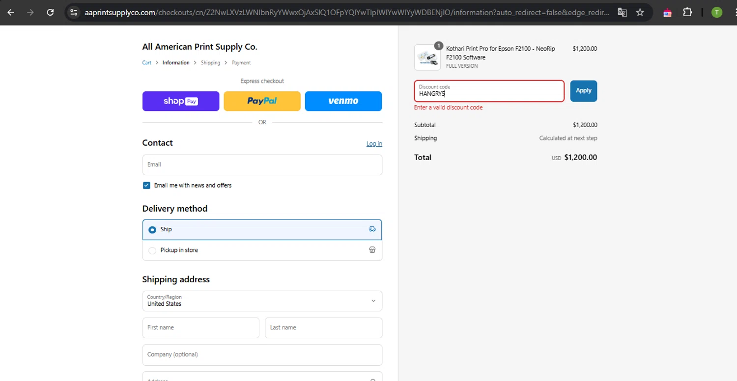 All American Print Supply Co promo code screenshot showing code HANGRY5 applied at All American Print Supply Co checkout page. Uploaded by SimplyCodes community member SavvyNavigator1720 on May 1, 2025