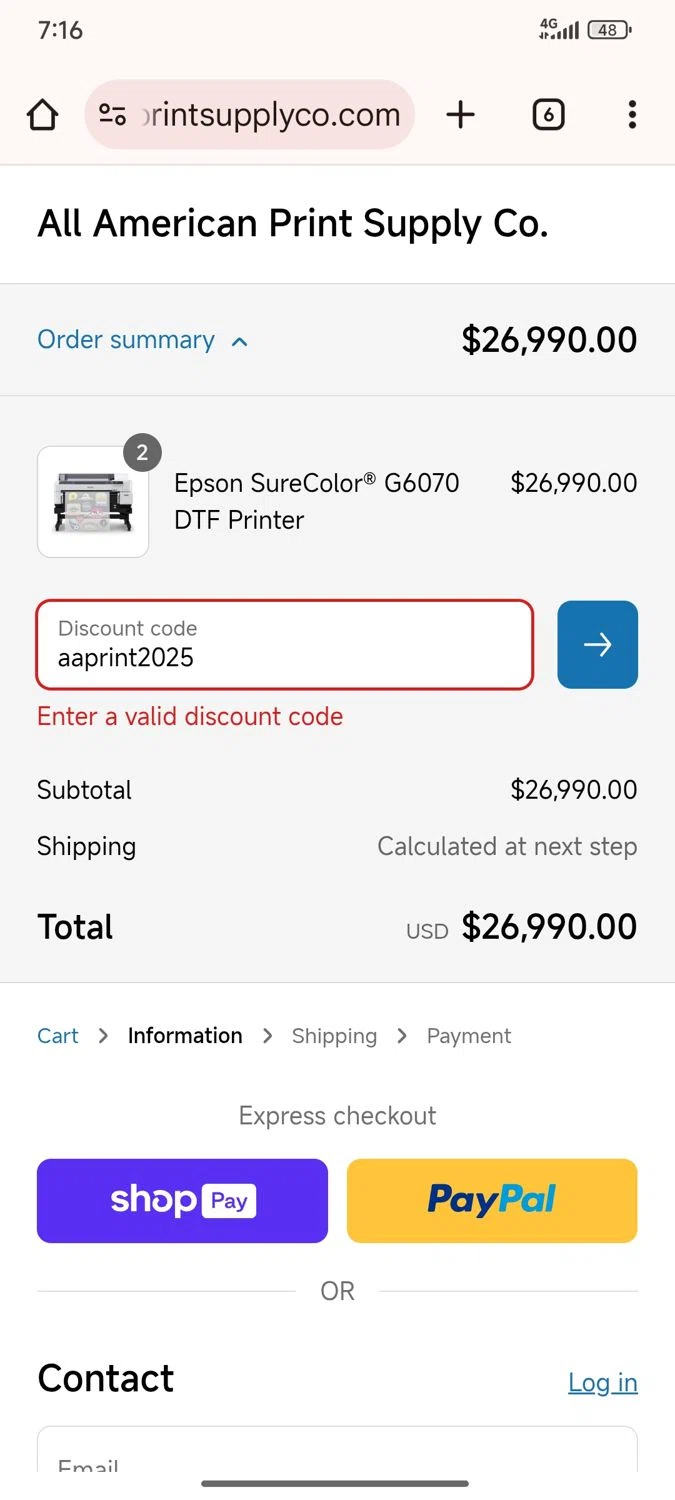 All American Print Supply Co promo code screenshot showing code aaprint2025 applied at All American Print Supply Co checkout page. Uploaded by SimplyCodes community member Lamadama on Jun 5, 2025