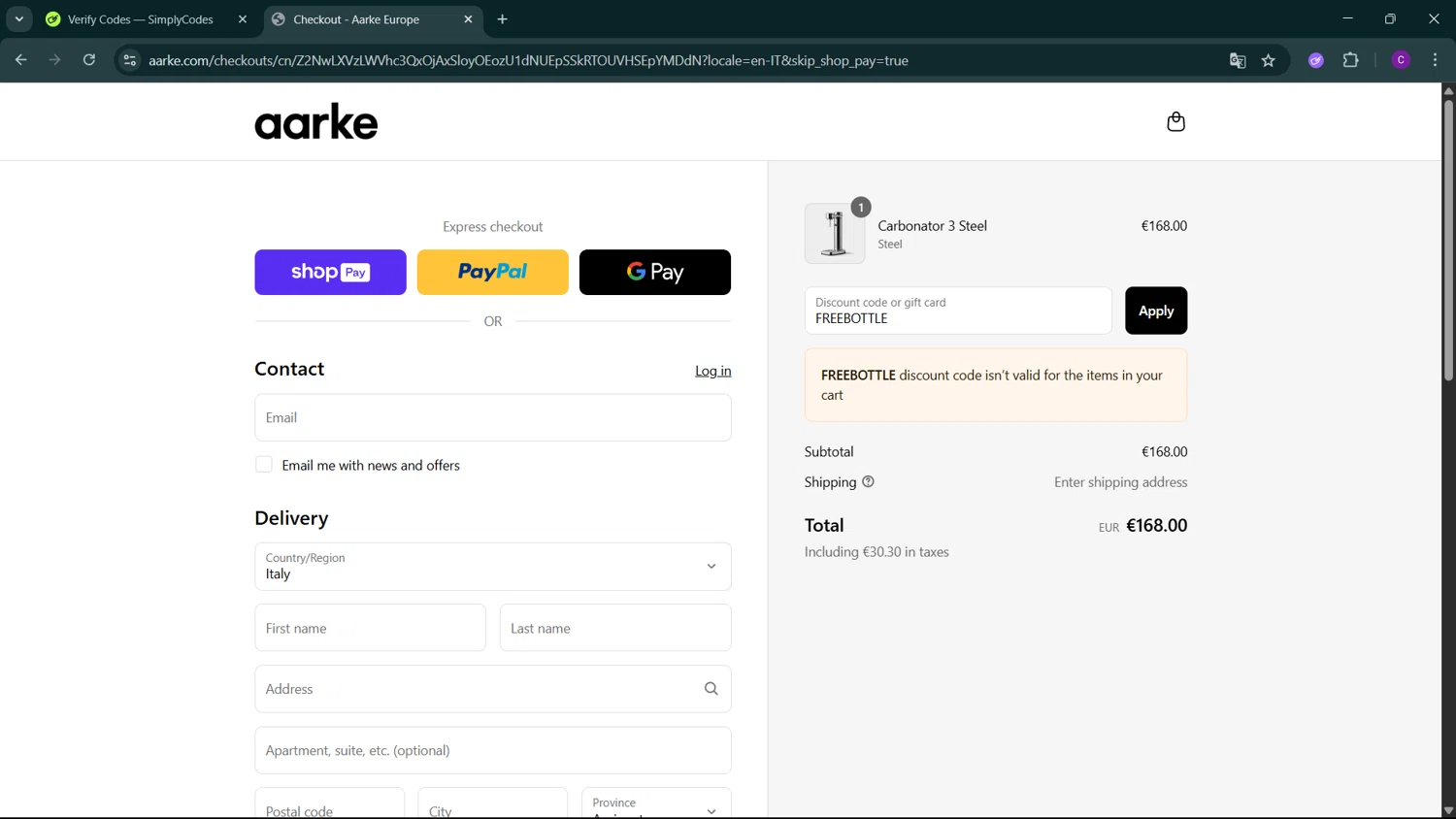 Aarke discount code screenshot showing code FREEBOTTLE applied at Aarke checkout page. Uploaded by SimplyCodes community member GoldSeeker3096 on Jul 1, 2025