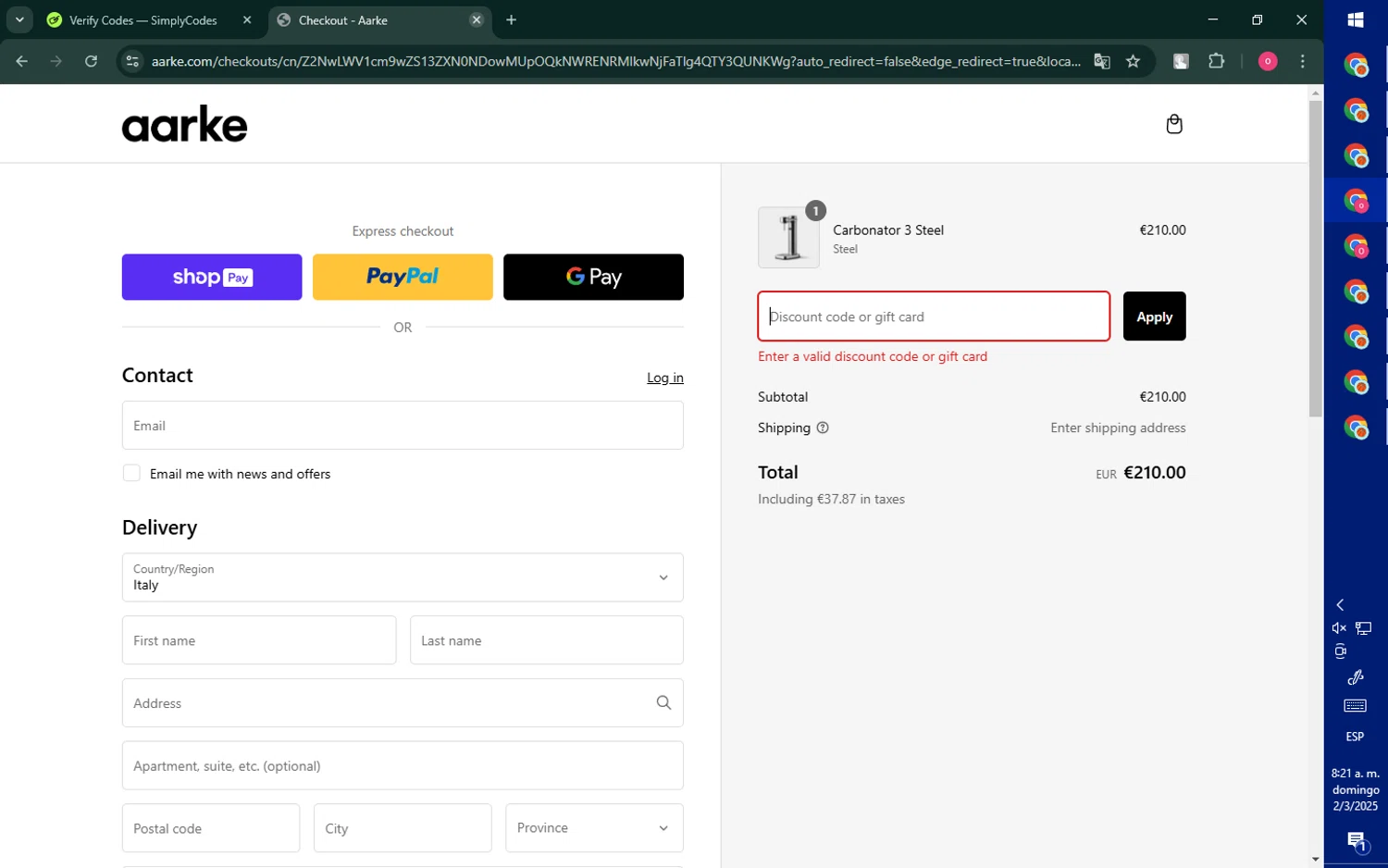 Aarke discount code screenshot showing code WELCOME10 applied at Aarke checkout page. Uploaded by SimplyCodes community member RebateNavigator926 on Mar 2, 2025