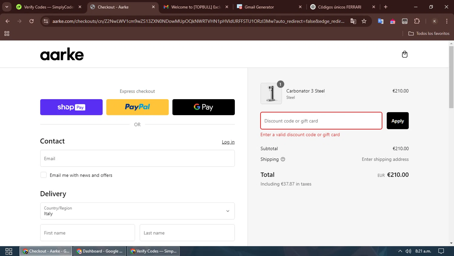 Aarke discount code screenshot showing code WELCOME10 applied at Aarke checkout page. Uploaded by SimplyCodes community member SavingsBoss991 on Mar 2, 2025