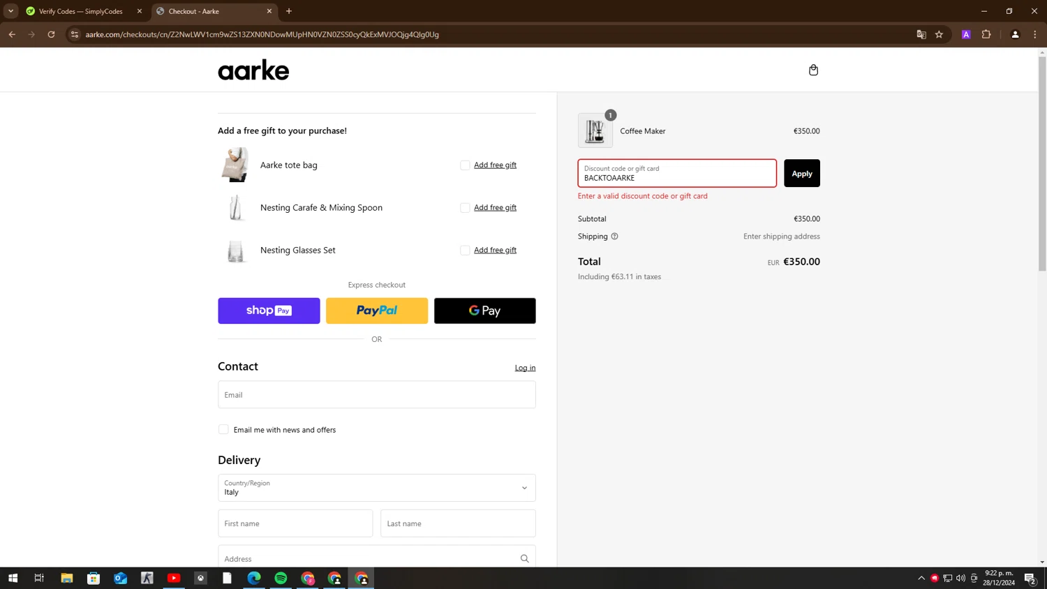 Aarke discount code screenshot showing code BACKTOAARKE applied at Aarke checkout page. Uploaded by SimplyCodes community member BudgetMaven6078 on Dec 28, 2024