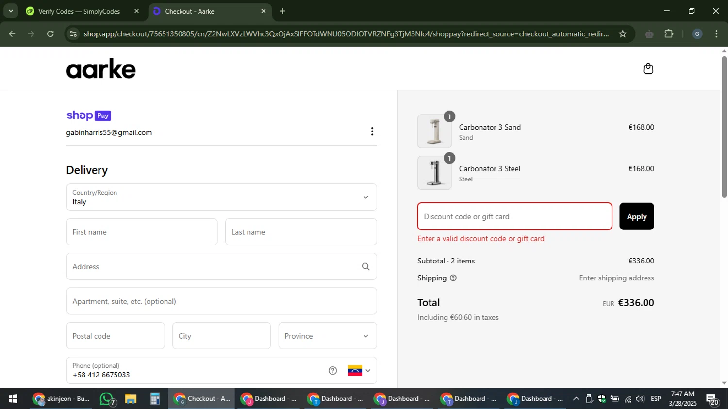 Aarke discount code screenshot showing code SPRING20 applied at Aarke checkout page. Uploaded by SimplyCodes community member gabinharris55 on Mar 28, 2025