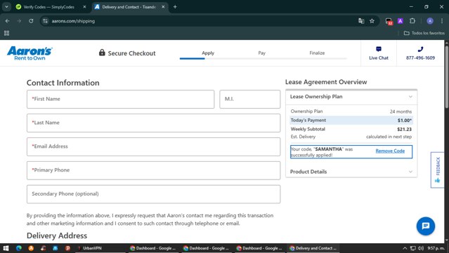 Aaron's checkout page showing Aaron's promo code box | Screenshot taken by SimplyCodes community member on Apr 23, 2025