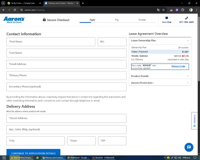 Aaron's checkout page showing Aaron's promo code box | Screenshot taken by SimplyCodes community member on Apr 23, 2025