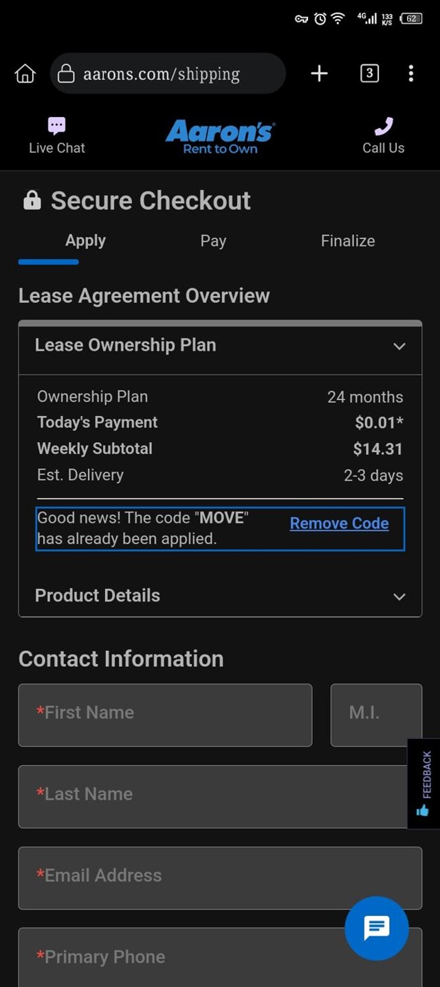 Aaron's checkout page showing Aaron's promo code box | Screenshot taken by SimplyCodes community member on May 6, 2025