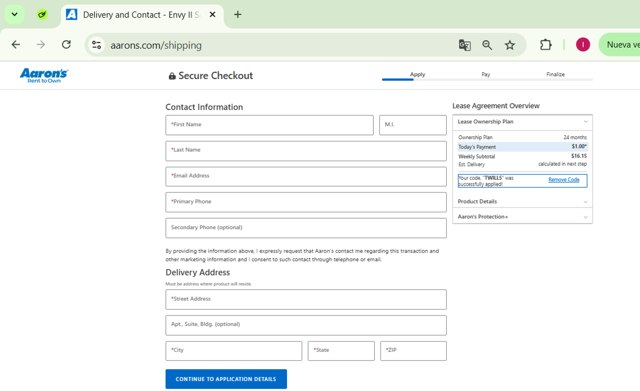Aaron's checkout page showing Aaron's promo code box | Screenshot taken by SimplyCodes community member on Apr 23, 2025