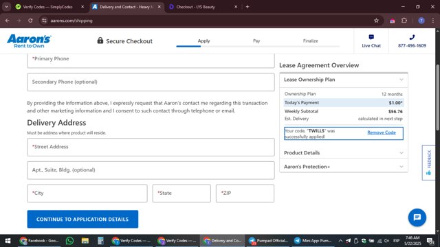 Aaron's checkout page showing Aaron's promo code box | Screenshot taken by SimplyCodes community member on May 22, 2025