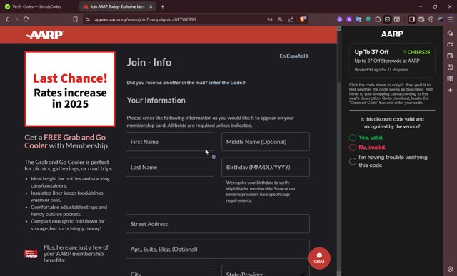 AARP checkout page showing AARP promo code box | Screenshot taken by SimplyCodes community member on Aug 8, 2025