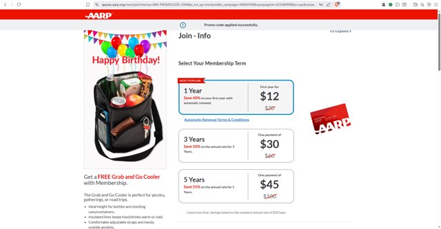 AARP checkout page showing AARP promo code box | Screenshot taken by SimplyCodes community member on Jul 22, 2025