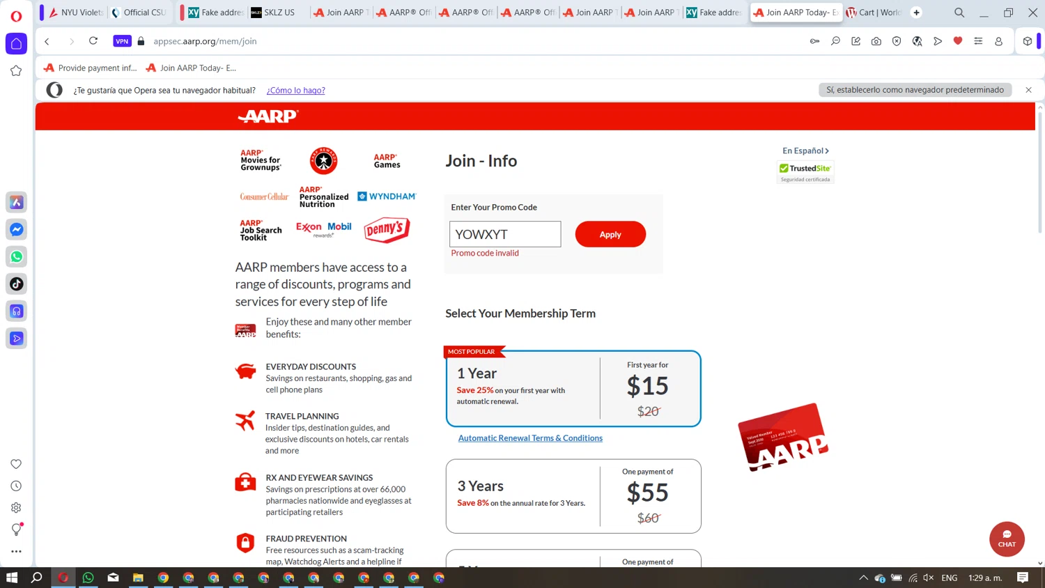 AARP promo code screenshot showing code YOWXYT applied at AARP checkout page. Uploaded by SimplyCodes community member David_Gut_Sonic on Aug 10, 2025