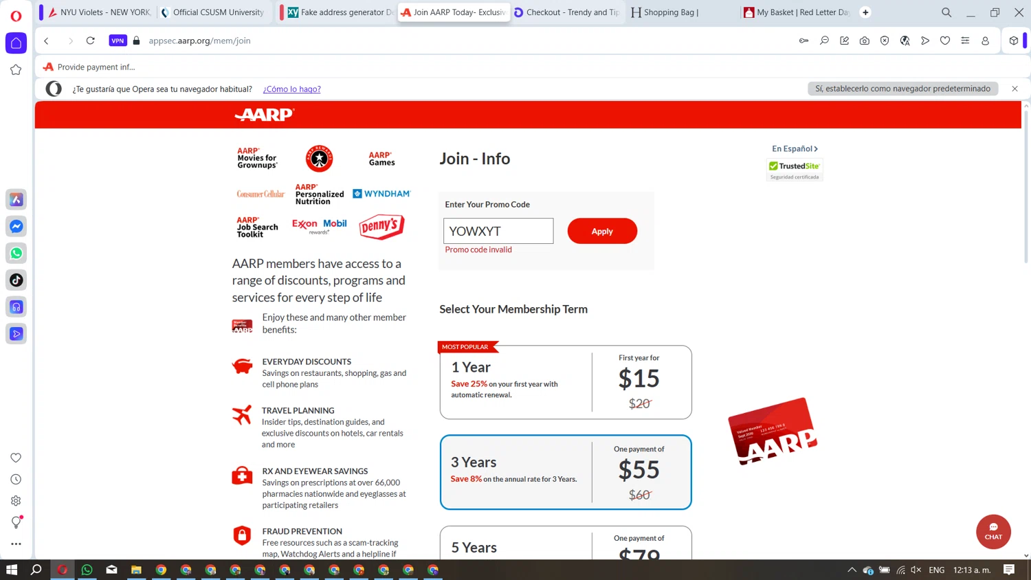 AARP promo code screenshot showing code YOWXYT applied at AARP checkout page. Uploaded by SimplyCodes community member ManuelF on Aug 10, 2025
