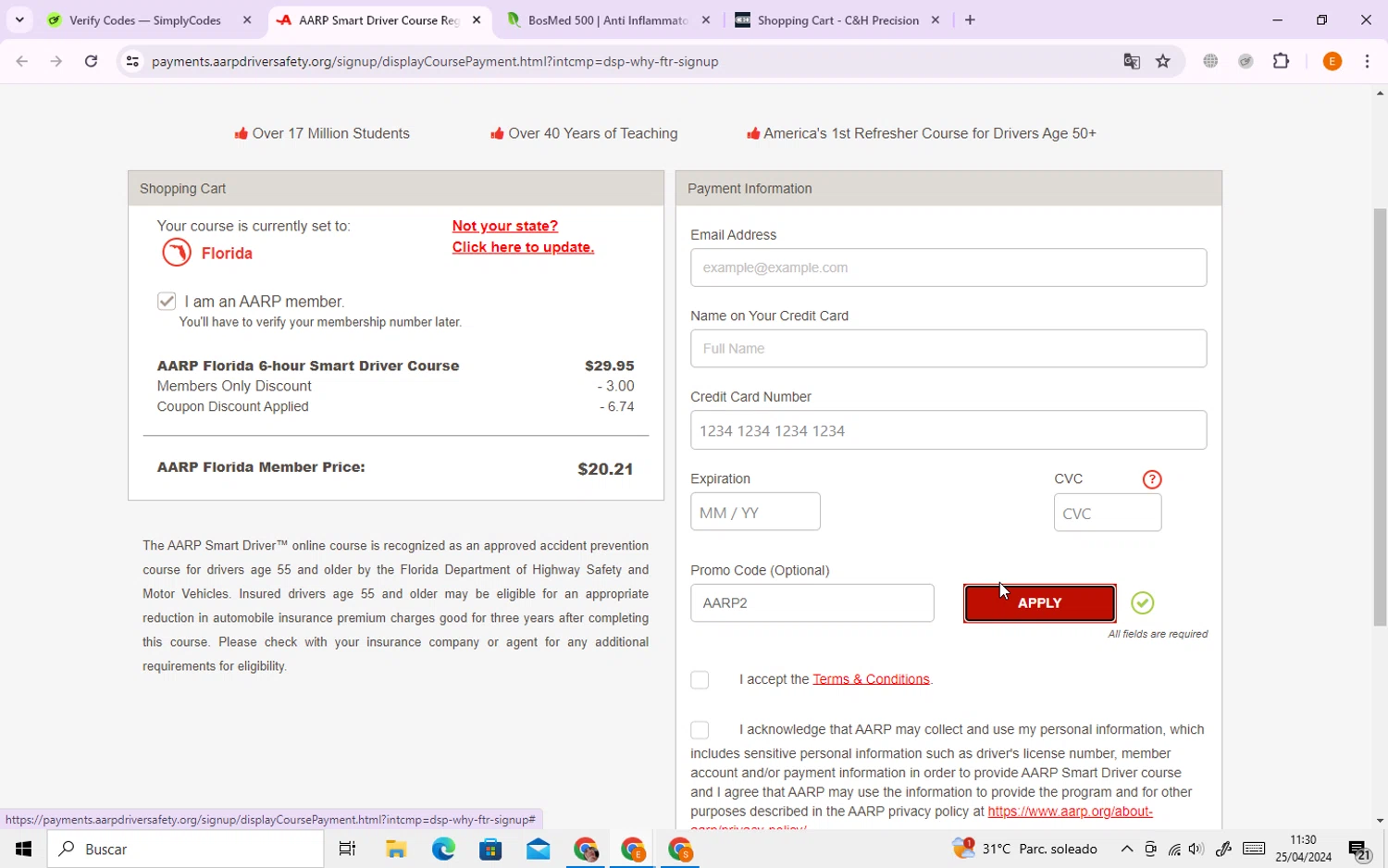 where to use AARP Driver Safety Online Course promo code box