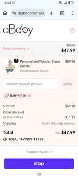 BABYVIP20 coupon verification screenshot