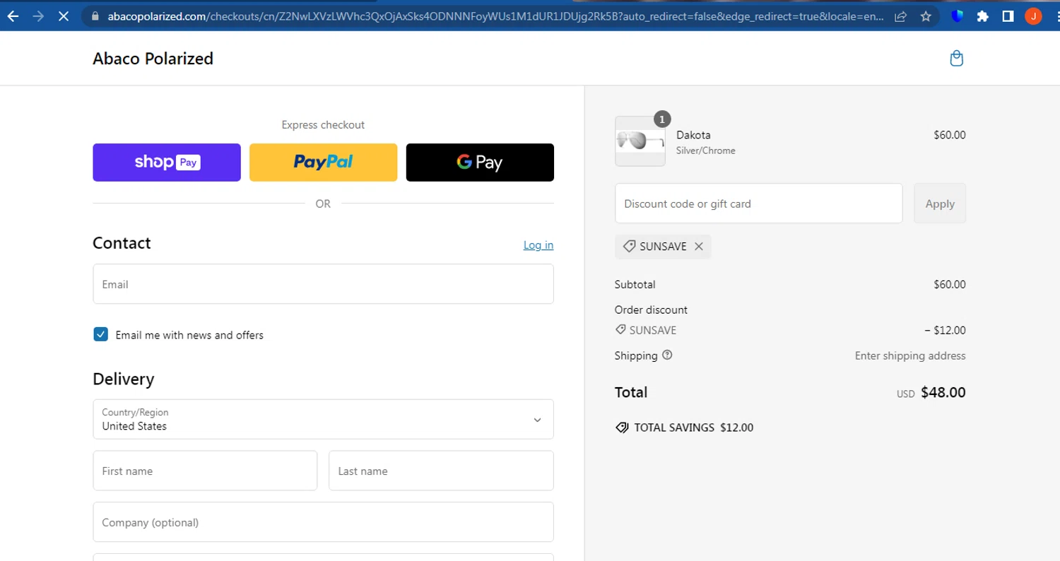 Abaco Polarized coupon code screenshot showing code SunSave applied at Abaco Polarized checkout page. Uploaded by SimplyCodes community member FranquizJoel on Feb 4, 2025
