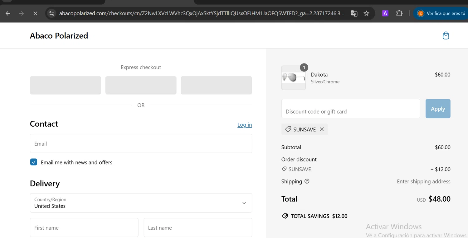 Abaco Polarized coupon code screenshot showing code SunSave applied at Abaco Polarized checkout page. Uploaded by SimplyCodes community member CashElite5536 on Feb 12, 2025