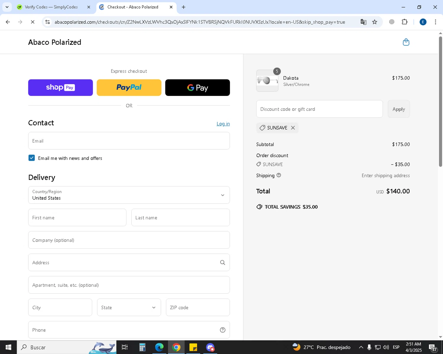 Abaco Polarized coupon code screenshot showing code SunSave applied at Abaco Polarized checkout page. Uploaded by SimplyCodes community member GoldSaver5472 on Apr 3, 2025