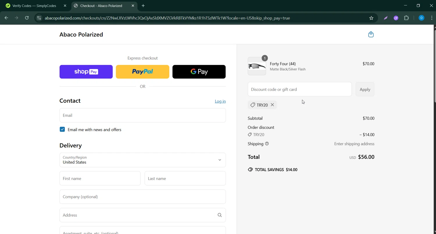 Abaco Polarized coupon code screenshot showing code TRY20 applied at Abaco Polarized checkout page. Uploaded by SimplyCodes community member CodeScholar4340 on Jun 3, 2025