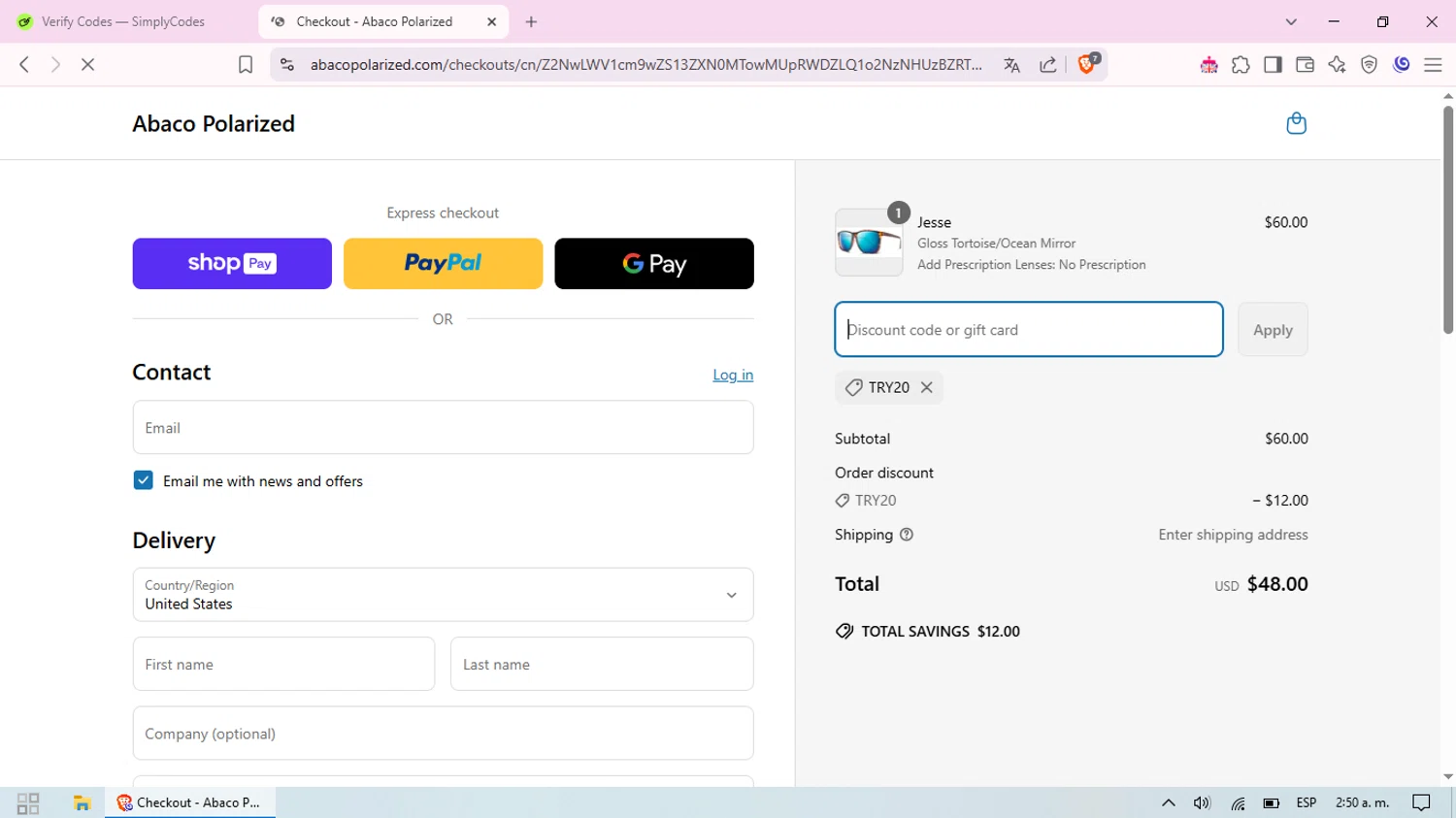 Abaco Polarized coupon code screenshot showing code TRY20 applied at Abaco Polarized checkout page. Uploaded by SimplyCodes community member PanConQueso on Apr 3, 2025