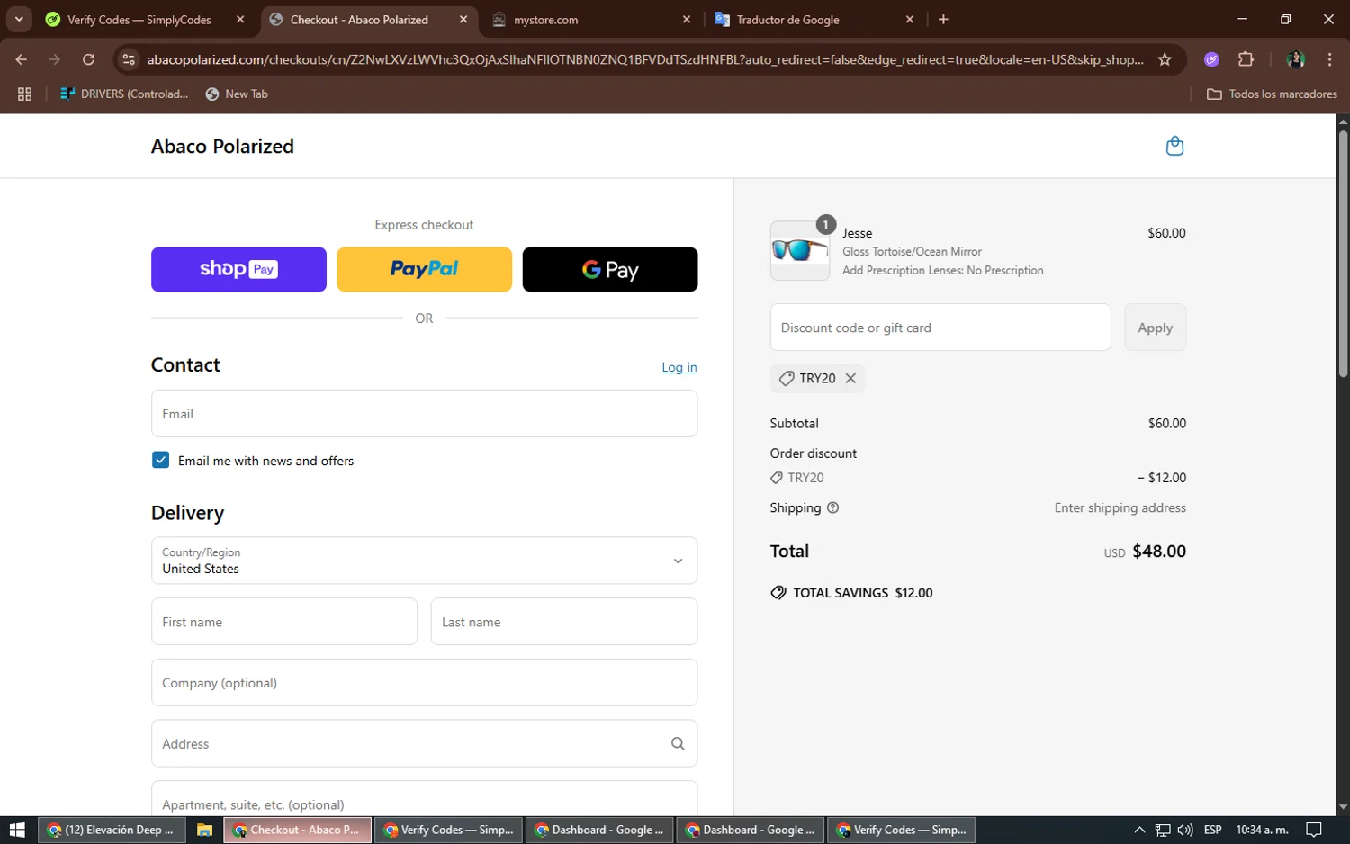 Abaco Polarized coupon code screenshot showing code TRY20 applied at Abaco Polarized checkout page. Uploaded by SimplyCodes community member TheWizard on Jun 17, 2025